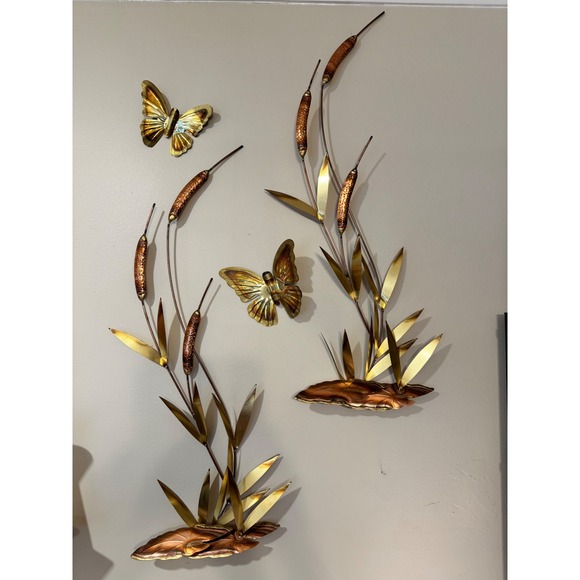 Other - Vintage Mid-Century Modern Metal Wall Art Copper Brass Cattails Butterflies 4pc